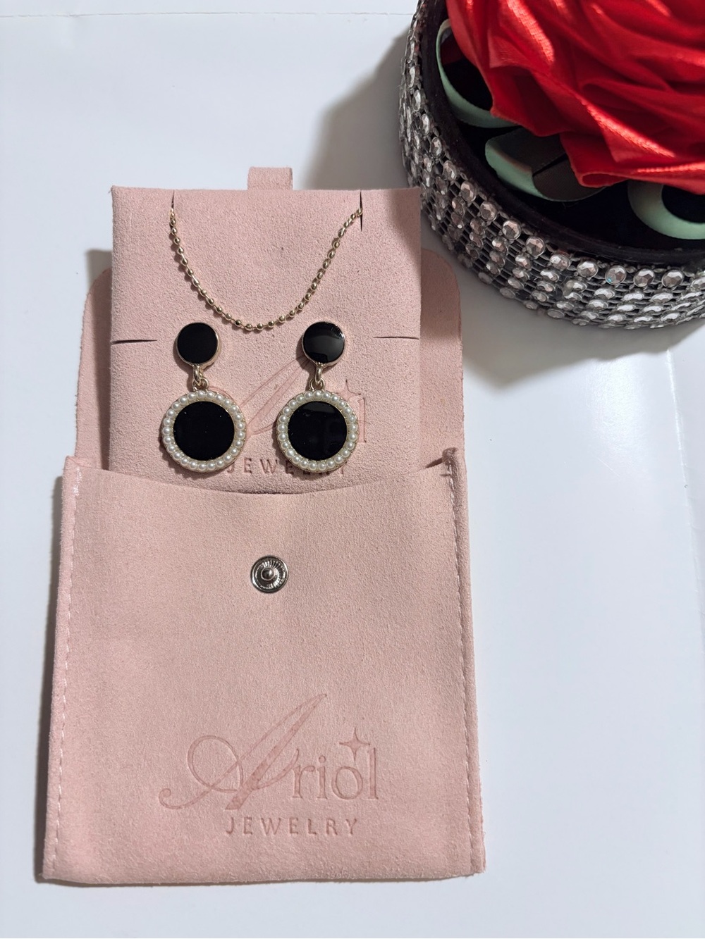 Black & Gold Pearl-Accent Drop Earrings with Necklace Set